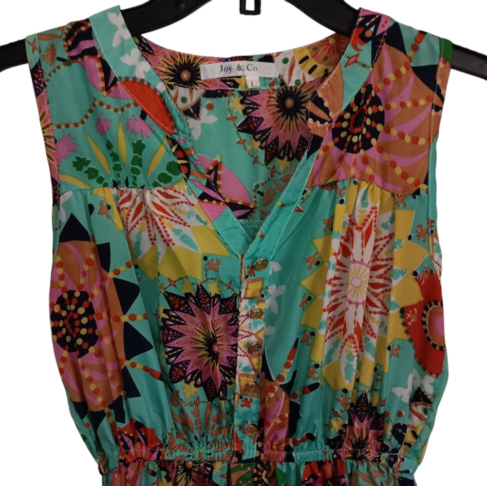 Joy & Co. Sleeveless Mini Dress, Aqua with Multi-Color Print, sz L, EUC! - Picture 3 of 10